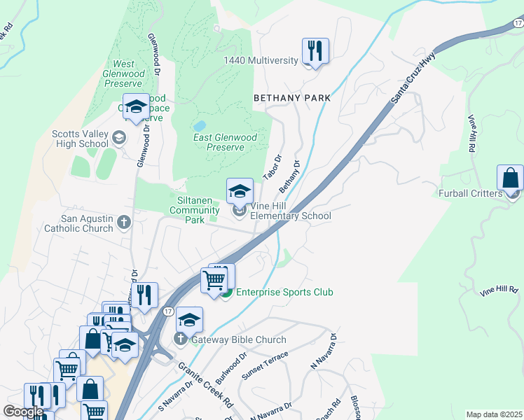 map of restaurants, bars, coffee shops, grocery stores, and more near 200 Tabor Drive in Scotts Valley