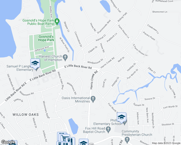 map of restaurants, bars, coffee shops, grocery stores, and more near 97 Harris Creek Road in Hampton