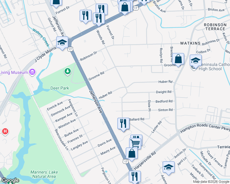 map of restaurants, bars, coffee shops, grocery stores, and more near 26 Huber Road in Newport News
