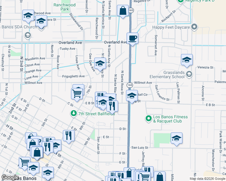 map of restaurants, bars, coffee shops, grocery stores, and more near 132 North Santa Rita Street in Los Banos