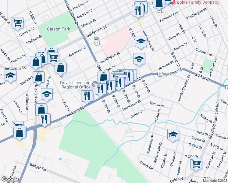 map of restaurants, bars, coffee shops, grocery stores, and more near Jackson Street in Paducah