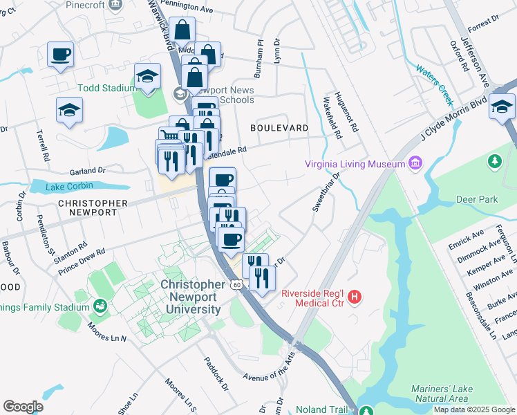 map of restaurants, bars, coffee shops, grocery stores, and more near 439 University Place in Newport News