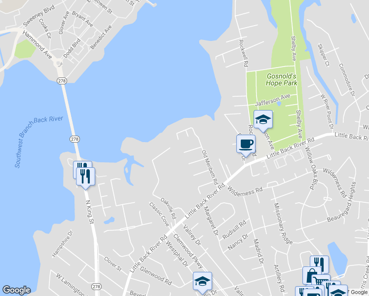 map of restaurants, bars, coffee shops, grocery stores, and more near 12 Poulas Court in Hampton