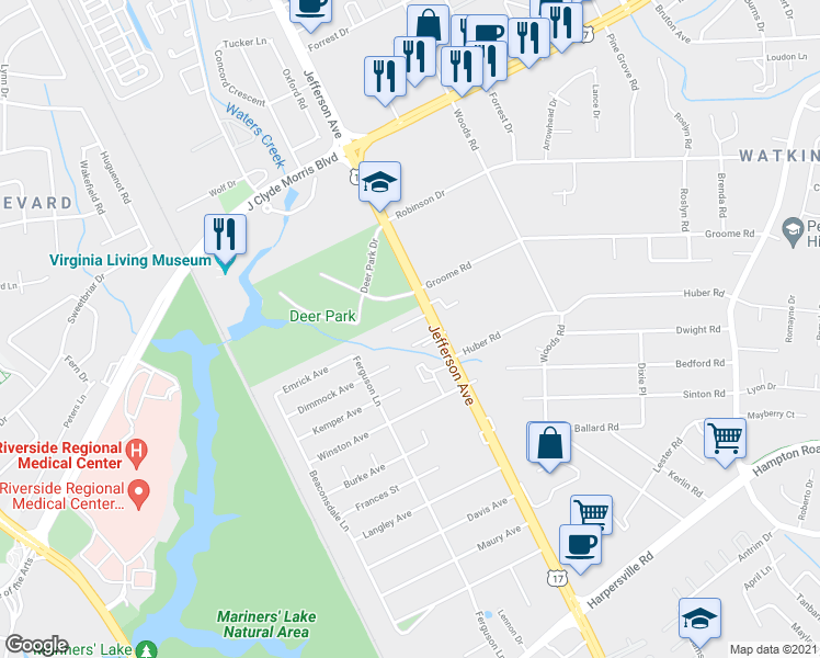 map of restaurants, bars, coffee shops, grocery stores, and more near 11423 Jefferson Avenue in Newport News