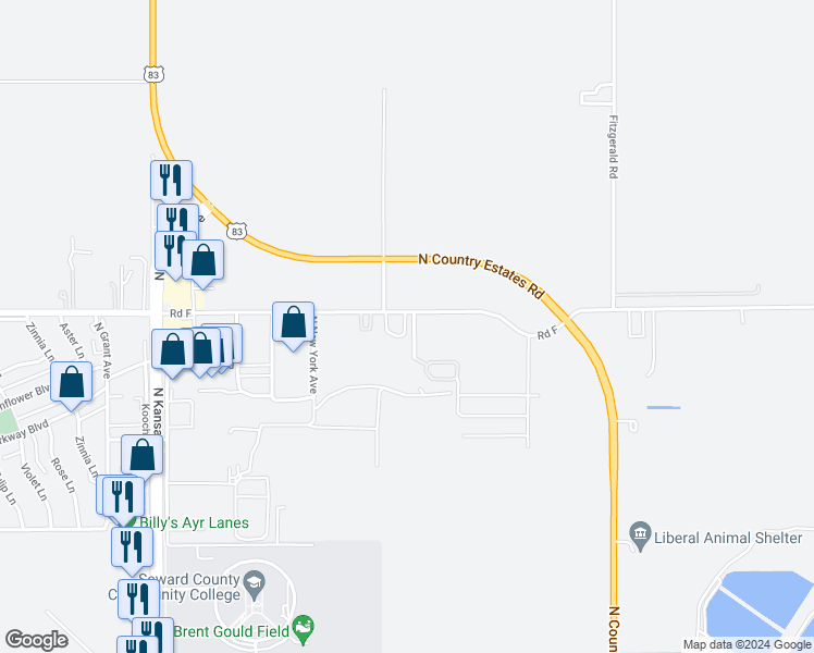 map of restaurants, bars, coffee shops, grocery stores, and more near 821 Millwood Avenue in Liberal