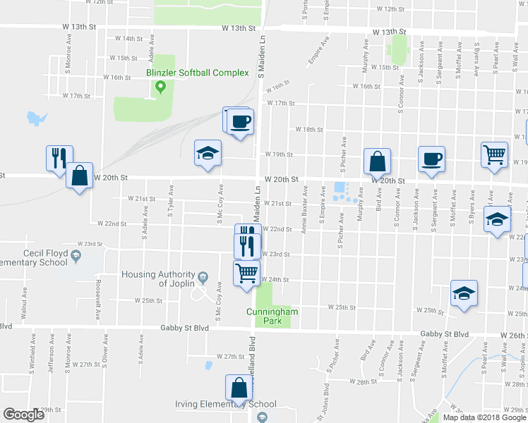 map of restaurants, bars, coffee shops, grocery stores, and more near 2108 South Harlem Avenue in Joplin
