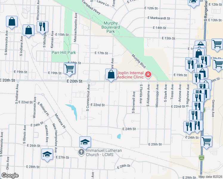 map of restaurants, bars, coffee shops, grocery stores, and more near 2019 Delaware Avenue in Joplin