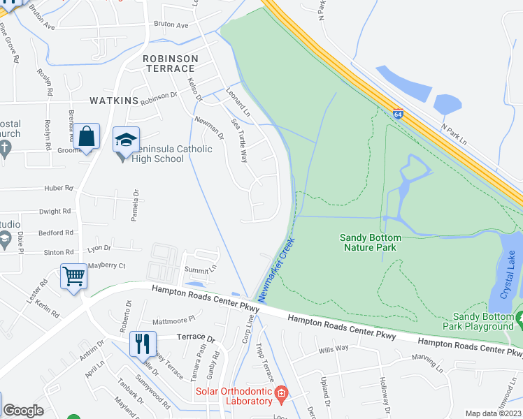 map of restaurants, bars, coffee shops, grocery stores, and more near 202 Flatback Circle in Newport News