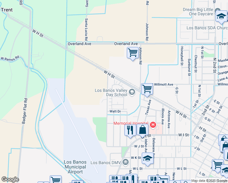 map of restaurants, bars, coffee shops, grocery stores, and more near 574 Betten Street in Los Banos