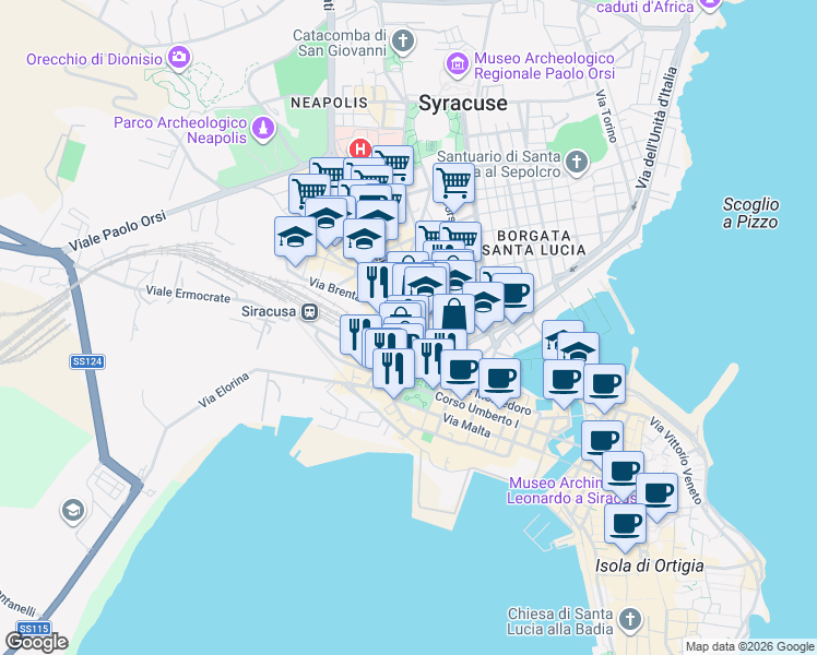 map of restaurants, bars, coffee shops, grocery stores, and more near Largo Nicola Calipari in Syracuse