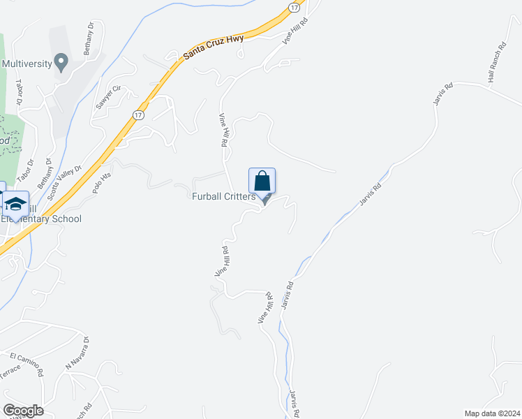 map of restaurants, bars, coffee shops, grocery stores, and more near 1463 Vine Hill Road in Santa Cruz