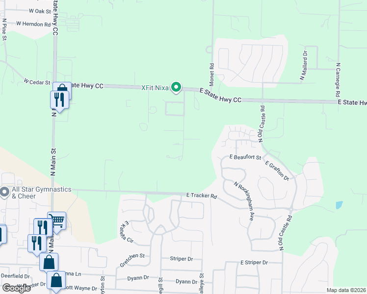 map of restaurants, bars, coffee shops, grocery stores, and more near N Osburn Ln in Nixa