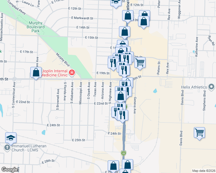 map of restaurants, bars, coffee shops, grocery stores, and more near 2030 South Highview Avenue in Joplin