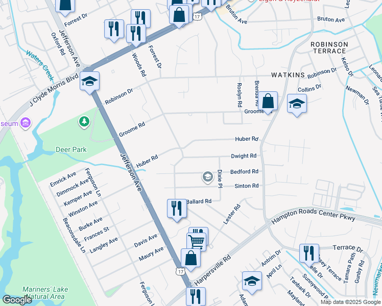 map of restaurants, bars, coffee shops, grocery stores, and more near 5 Dwight Road in Newport News