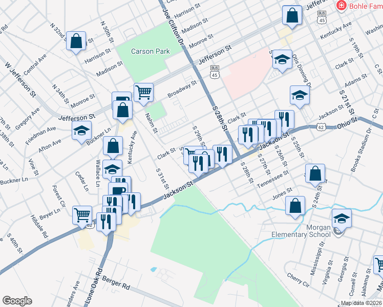 map of restaurants, bars, coffee shops, grocery stores, and more near 2924 Adams Street in Paducah