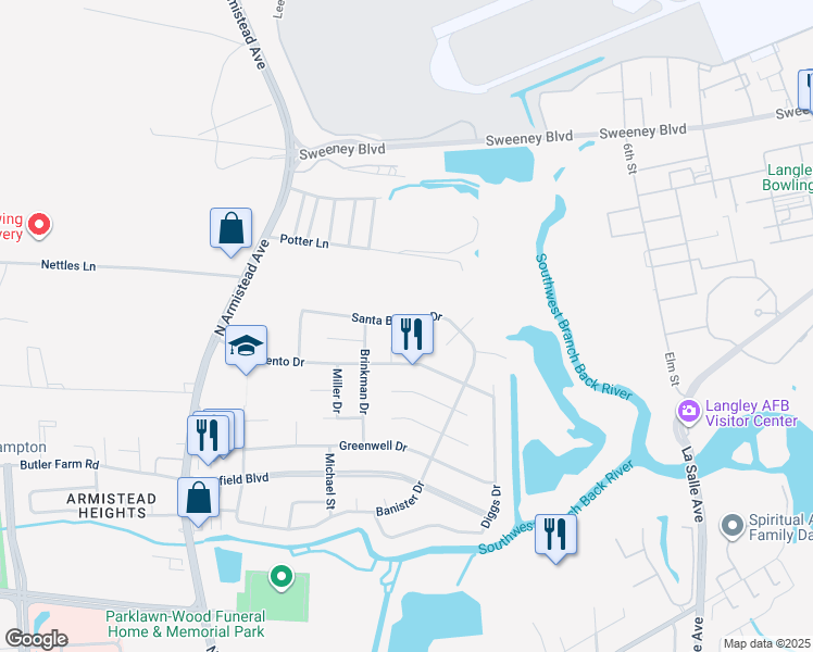 map of restaurants, bars, coffee shops, grocery stores, and more near 66 Santa Barbara Drive in Hampton