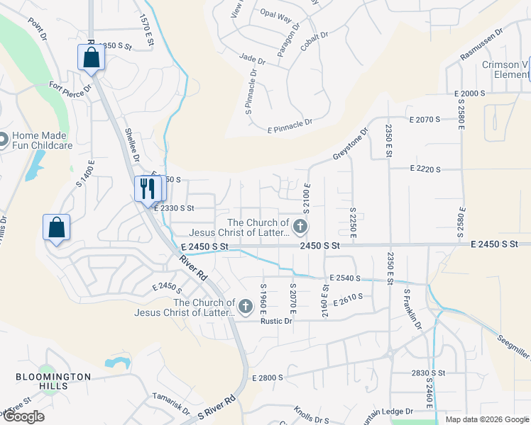 map of restaurants, bars, coffee shops, grocery stores, and more near 2345 South 1950 East in St. George