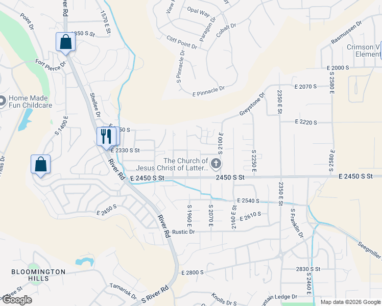 map of restaurants, bars, coffee shops, grocery stores, and more near 2366 2010 East Street in St. George