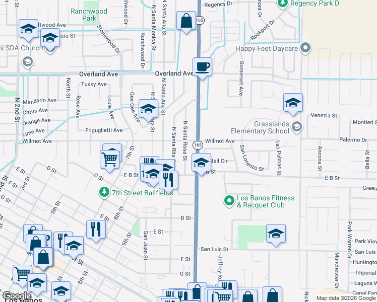 map of restaurants, bars, coffee shops, grocery stores, and more near 143 Mercey Springs Road in Los Banos
