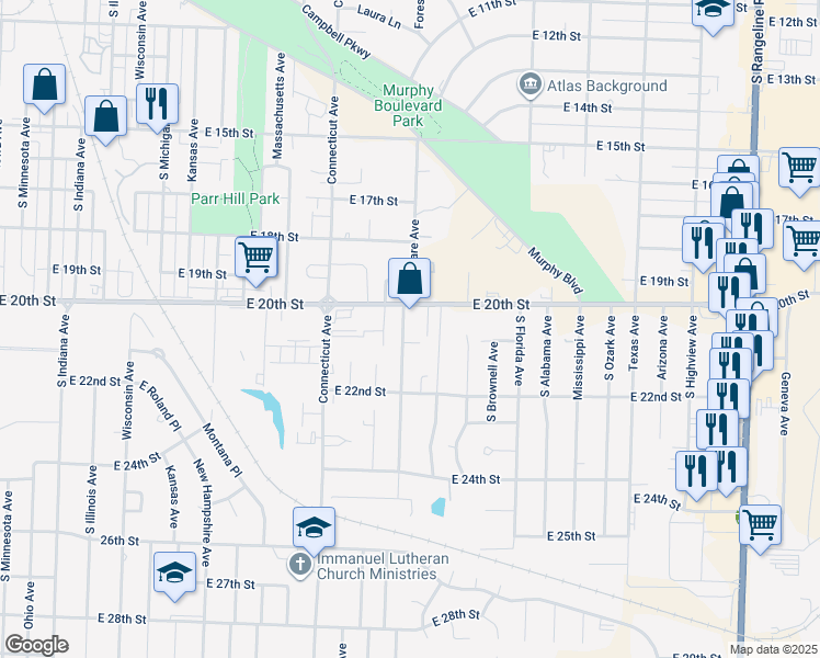 map of restaurants, bars, coffee shops, grocery stores, and more near 2015 Delaware Avenue in Joplin