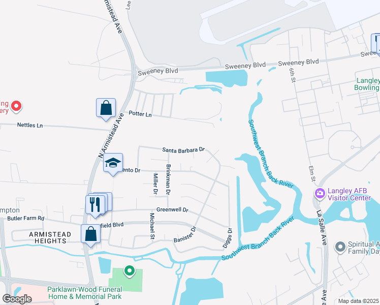 map of restaurants, bars, coffee shops, grocery stores, and more near 66 Santa Barbara Drive in Hampton