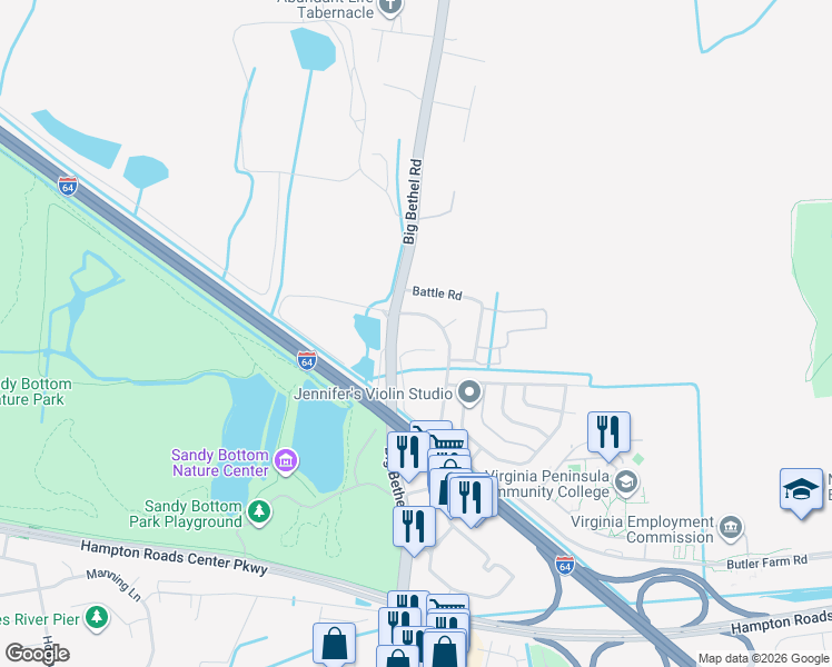 map of restaurants, bars, coffee shops, grocery stores, and more near 1282 Big Bethel Place in Hampton