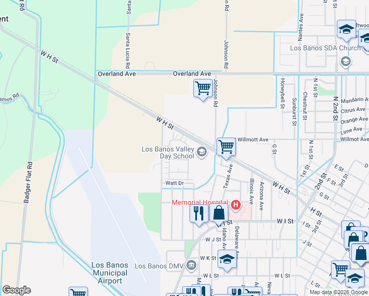 map of restaurants, bars, coffee shops, grocery stores, and more near 826 Grace Drive in Los Banos