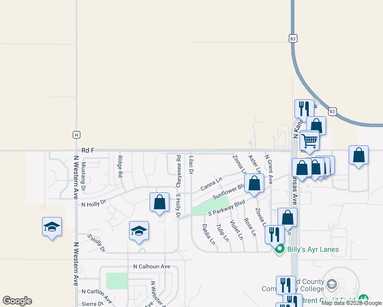 map of restaurants, bars, coffee shops, grocery stores, and more near Wind Ridge Drive Road in Liberal