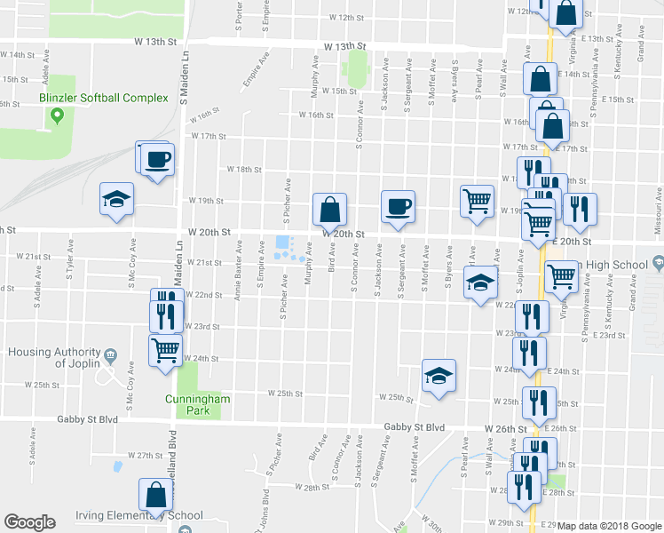 map of restaurants, bars, coffee shops, grocery stores, and more near 999 West 21st Street in Joplin