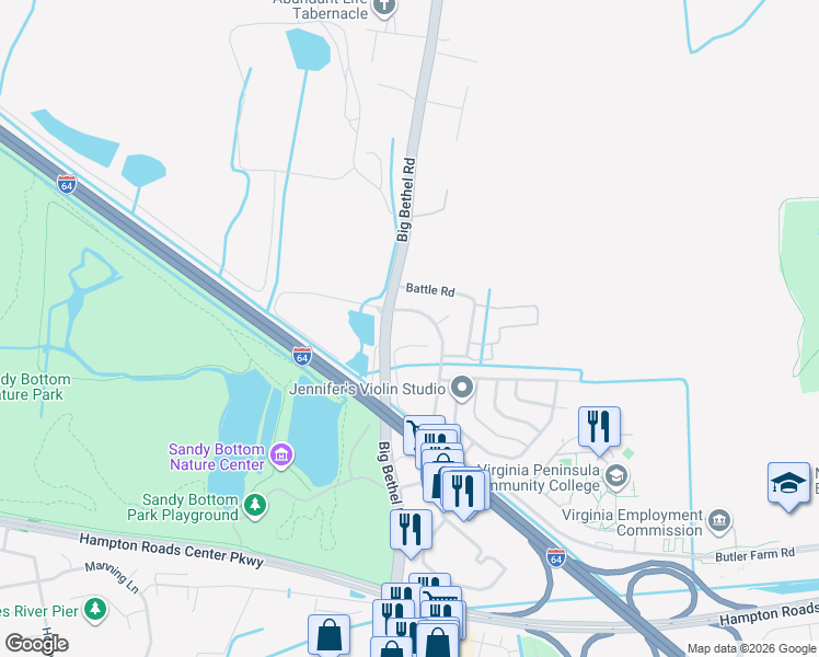 map of restaurants, bars, coffee shops, grocery stores, and more near 1282 Big Bethel Place in Hampton