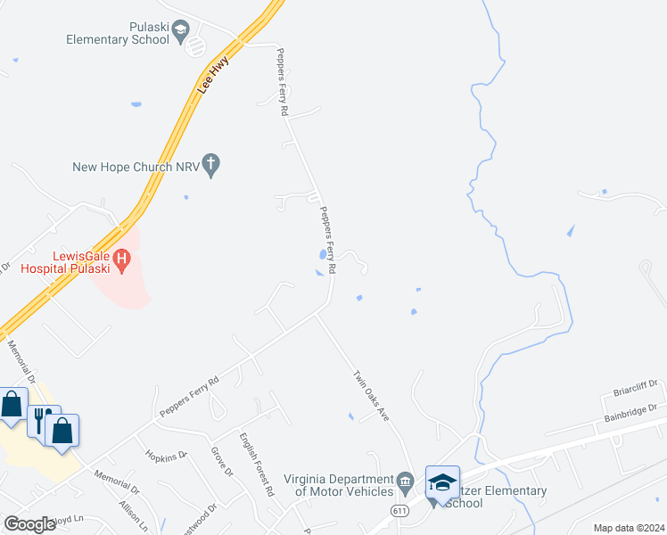 map of restaurants, bars, coffee shops, grocery stores, and more near 2120 Peppers Ferry Road in Pulaski