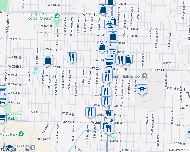 map of restaurants, bars, coffee shops, grocery stores, and more near 2108 South Wall Avenue in Joplin