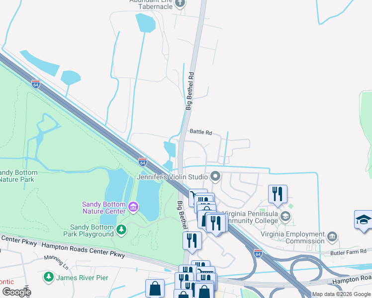 map of restaurants, bars, coffee shops, grocery stores, and more near 1282 Big Bethel Place in Hampton
