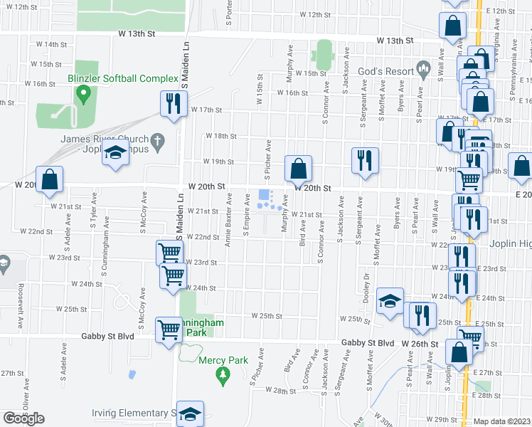 map of restaurants, bars, coffee shops, grocery stores, and more near 2101 South Picher Avenue in Joplin
