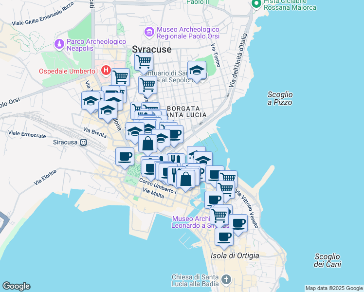 map of restaurants, bars, coffee shops, grocery stores, and more near 36 Riva Porto Lachio in Siracusa