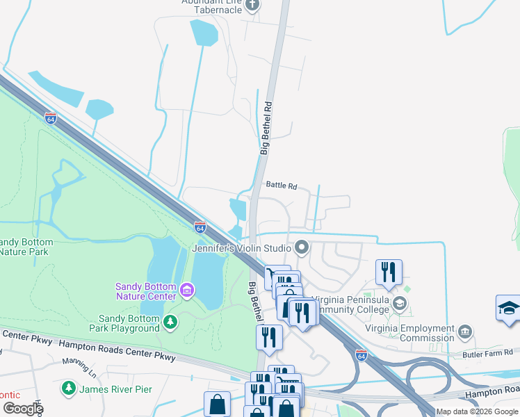 map of restaurants, bars, coffee shops, grocery stores, and more near 1282 Big Bethel Place in Hampton