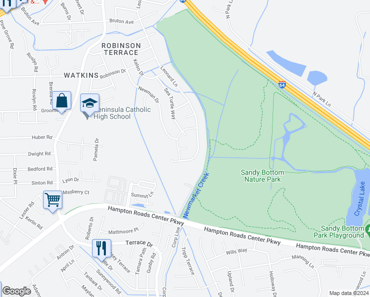 map of restaurants, bars, coffee shops, grocery stores, and more near Flatback Circle in Newport News