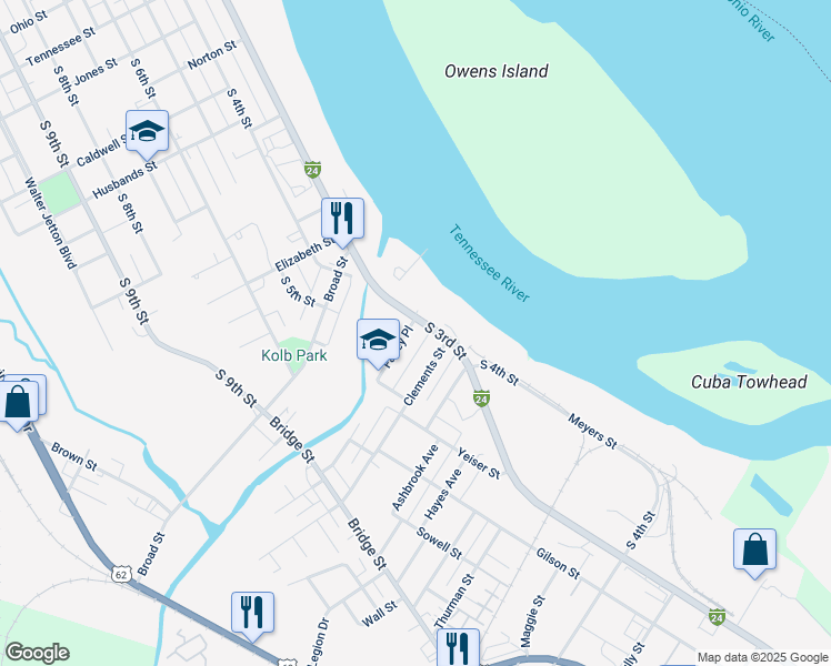 map of restaurants, bars, coffee shops, grocery stores, and more near 114 Farley Place in Paducah
