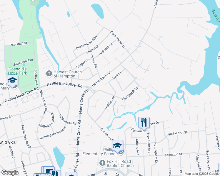 map of restaurants, bars, coffee shops, grocery stores, and more near 38 Hidalgo Drive in Hampton