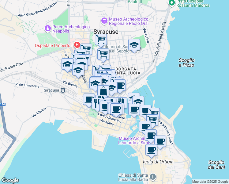 map of restaurants, bars, coffee shops, grocery stores, and more near 45 Via Agatocle in Siracusa