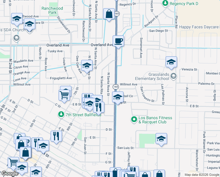 map of restaurants, bars, coffee shops, grocery stores, and more near 160 North Santa Rosa Street in Los Banos