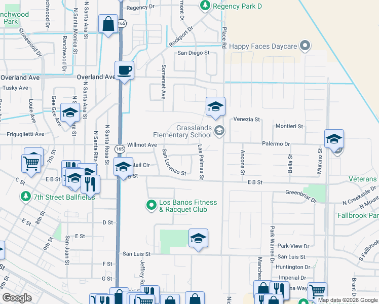 map of restaurants, bars, coffee shops, grocery stores, and more near 1444 San Pedro Street in Los Banos