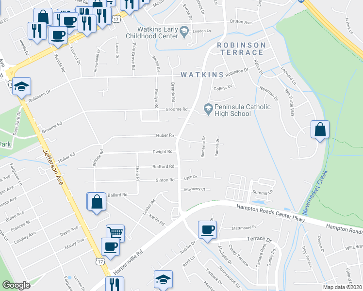 map of restaurants, bars, coffee shops, grocery stores, and more near 572 Harpersville Road in Newport News
