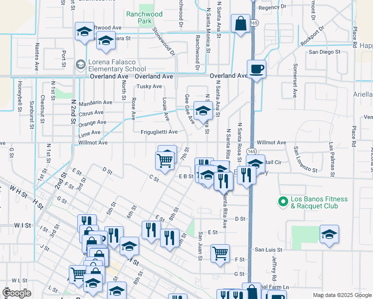 map of restaurants, bars, coffee shops, grocery stores, and more near 125 7th Street in Los Banos