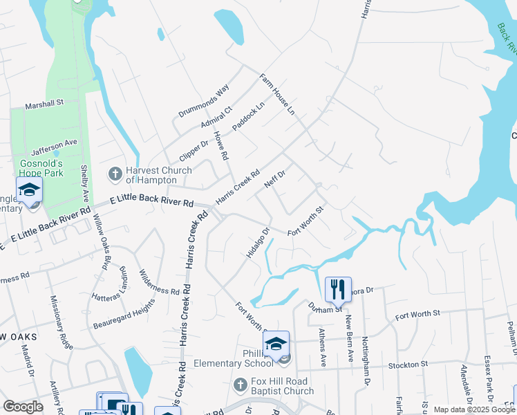map of restaurants, bars, coffee shops, grocery stores, and more near 38 Hidalgo Drive in Hampton