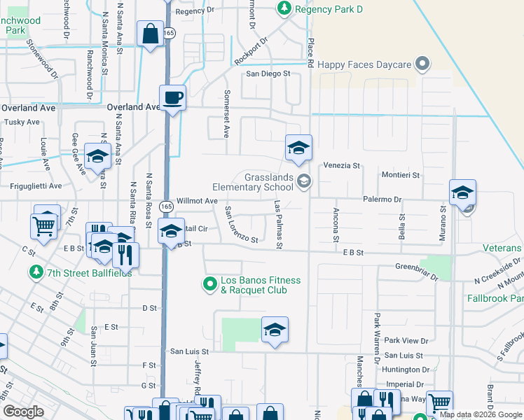 map of restaurants, bars, coffee shops, grocery stores, and more near 1444 San Pedro Street in Los Banos