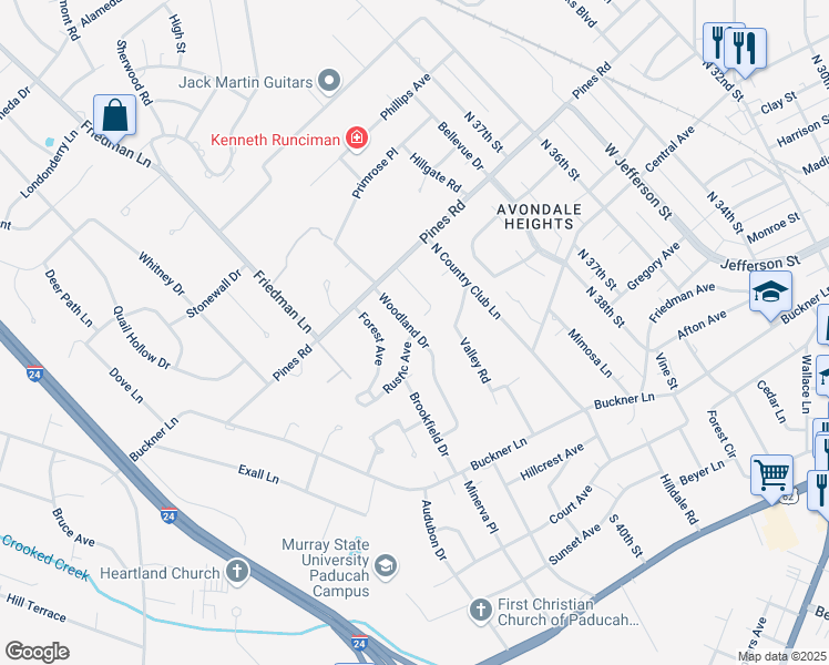 map of restaurants, bars, coffee shops, grocery stores, and more near 598 Woodland Drive in Paducah
