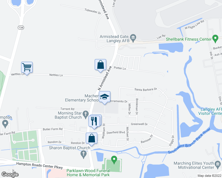 map of restaurants, bars, coffee shops, grocery stores, and more near 27 Sacramento Drive in Hampton