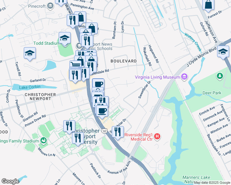 map of restaurants, bars, coffee shops, grocery stores, and more near 301 Burnham Place in Newport News