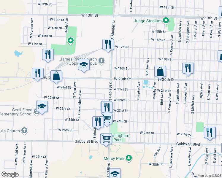 map of restaurants, bars, coffee shops, grocery stores, and more near 2101 South Maiden Lane in Joplin